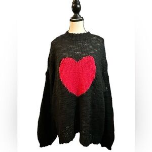 Make + Model Oversized Black Knit Sweater with Red Heart